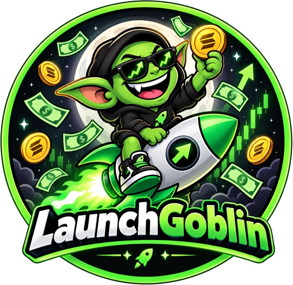 LaunchGoblin riding a rocket surrounded by Solana coins